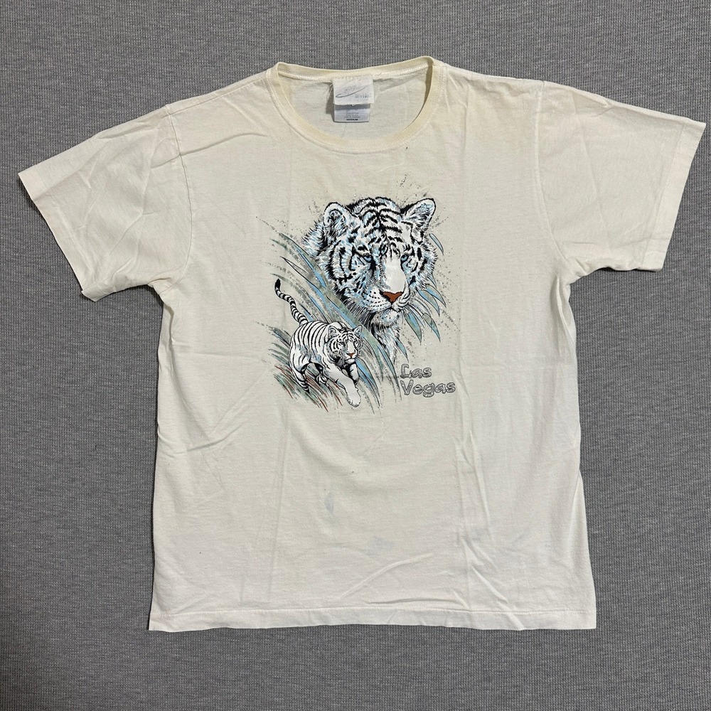 Vintage Hanes White Tiger Las Vegas Graphic T-Shirt White Womens Size Medium
